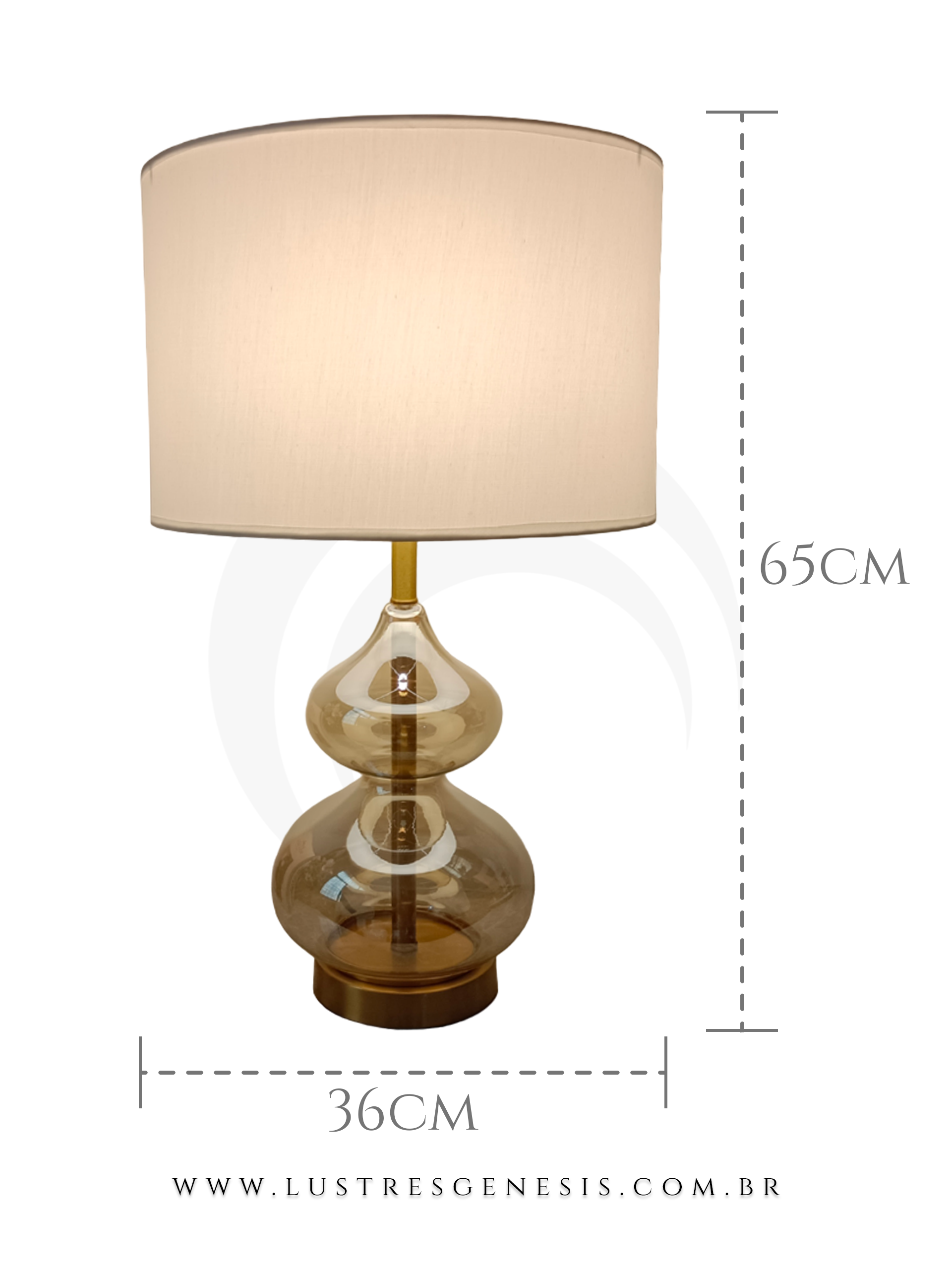 Luminária de mesa abajur Fênico 65cm com cúpula bege e base de vidro âmbar, ideal para salas, quartos e cabeceira de cama.